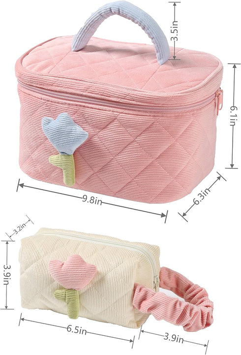 Cute Corduroy Makeup Bag Set of 2(Cream),Quilted Travel Cosmetic Organizer Bag with Tulips, Velvet Toiletry Bag with Portable Makeup Pouch for Wom...