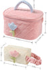 Cute Corduroy Makeup Bag Set of 2(Cream),Quilted Travel Cosmetic Organizer Bag with Tulips, Velvet Toiletry Bag with Portable Makeup Pouch for Wom...