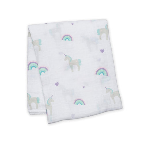 Lulujo Baby 100% Cotton Muslin Swaddle Blanket, 47 x 47-Inches, Rainbows and Unicorns...