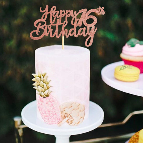Unimall Rose Gold Glitter 16th Happy Birthday Cake Topper Boys Girls Food Picks for Celebrating Sixteen Years Old Birthday Anniversary Party Decor...