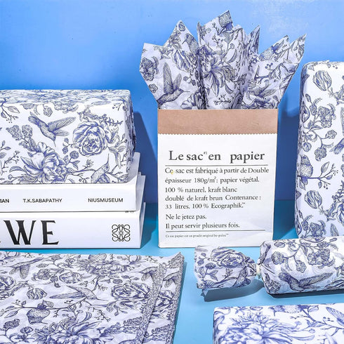 Whaline 100 Sheets Blue White Floral Tissue Paper Chinoiserie Flower Bird Gift Wrapping Paper DIY Art Craft Tissue Paper for Packaging Wedding Bir...