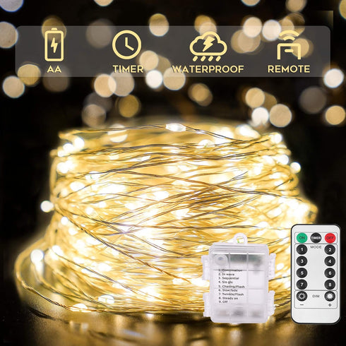 suddus 33ft 100 LED Outdoor String Lights, Warm White Fairy Lights Battery Operated with Remote, Led Twinkle Lights for Bedroom, Dorm, Backyard, W...