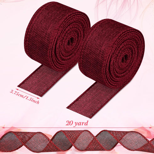 Shappy 2 Rolls Burgundy Burlap Ribbon Wine Red Wired Edge 1.5 Inch for Wreaths Solid Maroon Fabric Ribbons Wrapping Bow Craft Home Wedding Decorat...