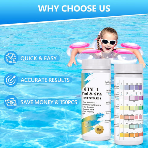 Pool Test Strips for Above Ground Pool: 150 Counts 6 in 1 Pool Spa Test Strips for Hot Tub Swimming Pool Test Kit Testing Chlorine, pH, Bromine, A...