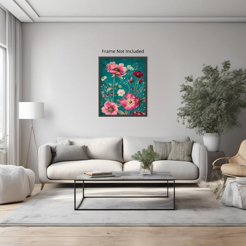 Posterizer 1 pcs-dainty pretty pink flowers with blue background-Floral & Botanical Art-Abstract & Modern Art-Decor for Home & Office- UNFRAMED Wa...