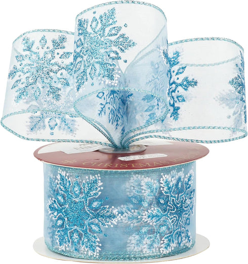 HUIHUANG Snowflake Glitter Wired Ribbon, Blue and White Snowflake Ribbon for Christmas Tree, 2-1/2" x 25 Yards Christmas Ribbon for Tree, Bows Mak...
