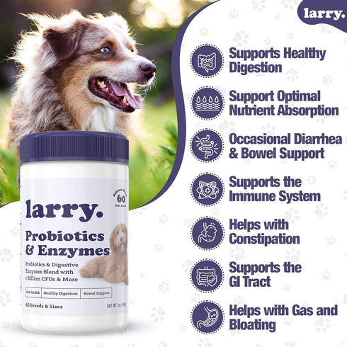 Dog Probiotics and Digestive Enzymes by Larry | 1 Billion CFUs of Probiotics for Dogs | Digestion, Bowel Support, & Gut Health for Dogs | Probioti...