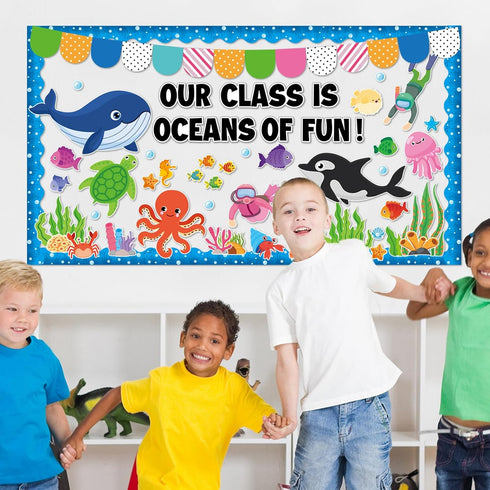 85Pcs Ocean Bulletin Board Set Ocean Sea Animals Cutouts Classroom Bulletin Board Decoration Under The Sea Borders Marine Fish Cutouts for Educati...