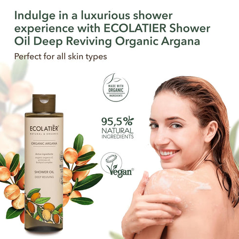 Deep Reviving Shower Oil with Organic Argana, ECOLATIER - 95.5% Natural, Vegan shower oil for women - Hydration & Cleansing oil body wash - 8.5 Fl...
