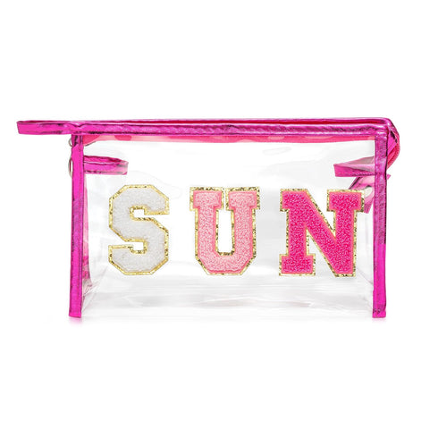 Y1tvei Preppy Patch SUN Varsity Letter Cosmetic Toiletry Bag Transparent PVC Zipper Makeup Bag Clutch Purse Portable Waterproof Travel Organizer C...