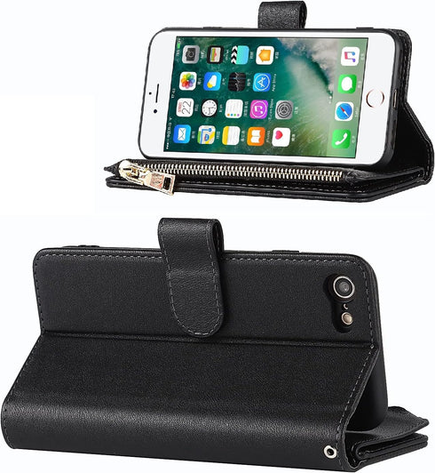 Jaorty Wallet Case Compatible with iPhone 7/8/iPhone SE 2nd 2020, 9 Card Slots, Wrist Strap, Stand Feature, Zipper Cash Pocket, Magnetic Leather C...