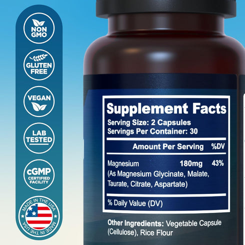 5-in-1 Magnesium Complex - High Absorption - Chelated Magnesium Glycinate, Malate, Citrate, Taurate, & Aspartate for Nerves, Muscles, Bones | 60 C...