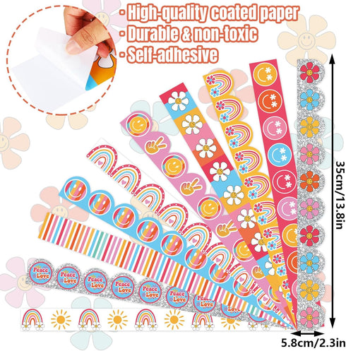 80Ft Groovy Bulletin Board Borders Boho Smile Rainbow Daisy Sun Retro Floral Pink Hippie Trim Boarders Bulletin Board Stickers for Classroom Offic...