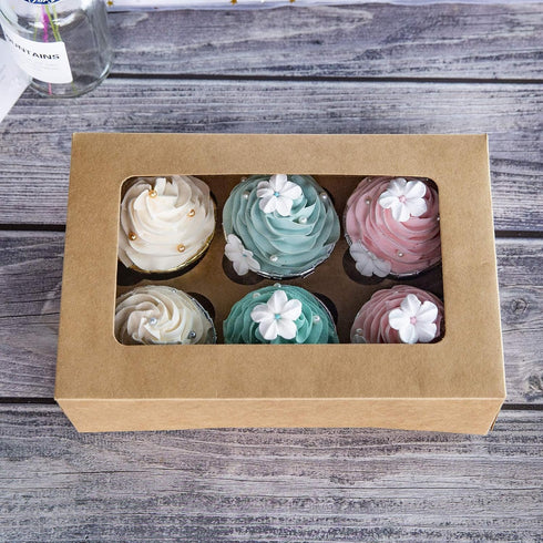 ONE MORE Cupcake Boxes with Inserts 6 Holders,9.5x6.3x3inch Large Brown Kraft Standard Bakery Boxes with Window Food Grade Cake Carrier Container ...