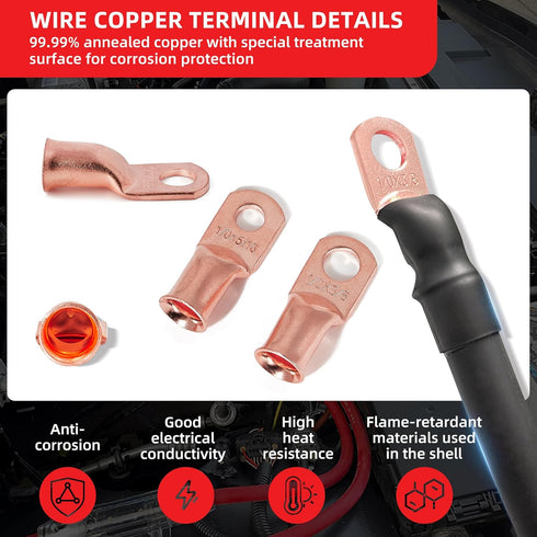RED WOLF 1/0 AWG - 5/16" Battery Cable End Copper Wire Ring Terminal Connector Lug w/3:1 Ratio Heat Shrink Tubing Black Red, 16 PCS Marine Grade R...