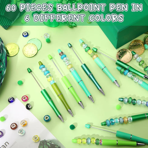 60 Pieces Plastic Beadable Pen Bead Ballpoint Pen Black Ink Beaded Pens for Kids Students Presents Office School Supplies (Green Series,Classic)...