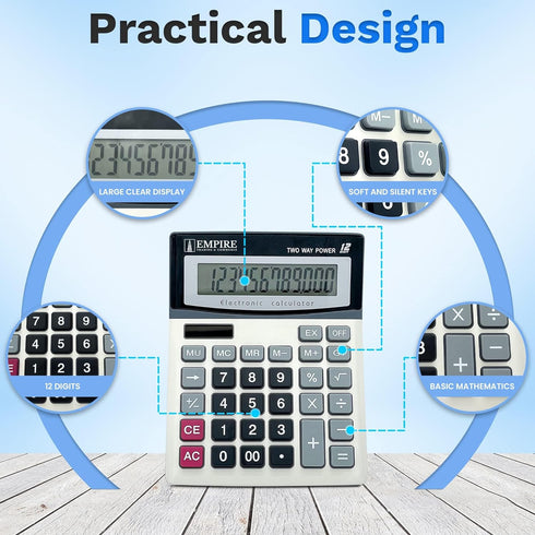 Empire Desk Calculator with Large Key Buttons, 12 Digits, Large Eye-Angled Display, Solar and Battery Powered for Home and Office (Battery Include...