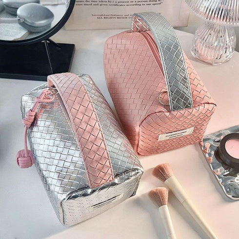 Makeup Travel Bag Cosmetic Bag, PU Leather Bright Quilted Toiletry Bag for Women Large Capacity Make Up Organizer Dorm Room Essentials (Silver)...