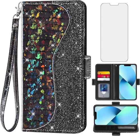 Asuwish Phone Case for iPhone 13 6.1 inch Wallet Cover with Screen Protector and Wrist Strap Flip Card Holder Bling Glitter Cell Accessories iPhon...