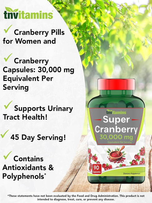 Cranberry Pills for Women & Men (30,000 MG - 90 Capsules) | Supports Urinary Tract Health* | Cranberry Concentrate Supplement | Bladder & Kidney S...