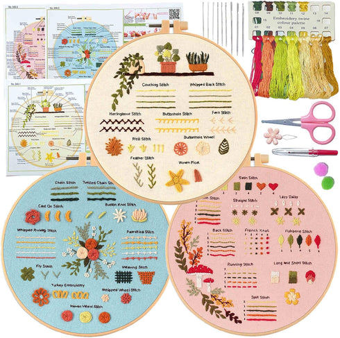 KLOSN 3 Sets Embroidery Kit for Beginners Adults with Stamped Flower Patterns, Needlepoint Kits for Adults, Cross Stitch Kits for Beginner kids in...
