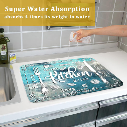 Blue Grey Dish Drying Mat 18x24 Inch Cooking Delicious Absorbent Drying Pad Heat Resistant Dish Drainer Mats for Kitchen Countertop...