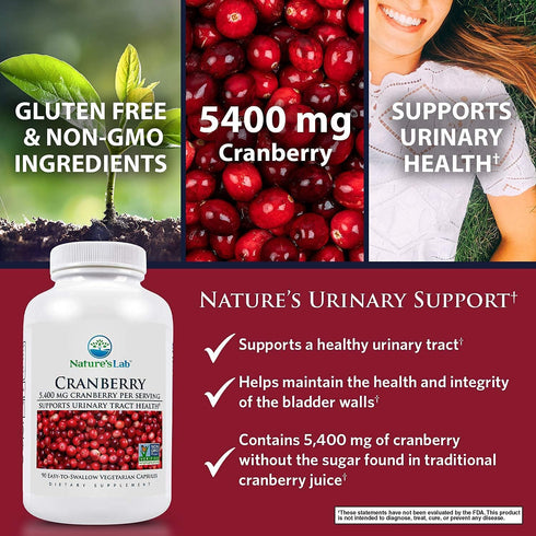 Nature's Lab Cranberry 5400mg – Supports Urinary Tract Health* – Non-GMO Verified, Vegan, Gluten Free – 90 Capsules (3 Month Supply)...