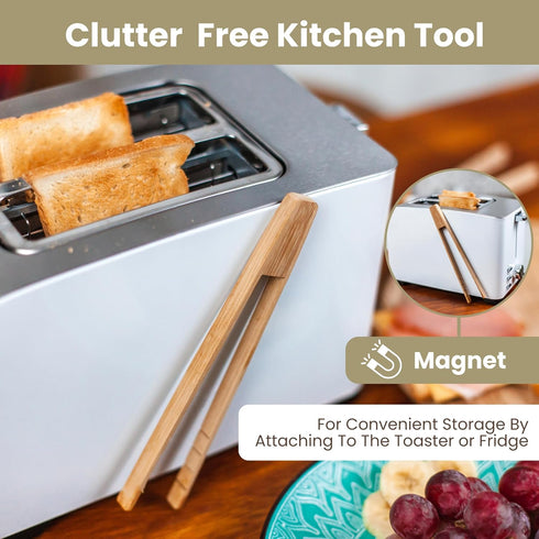 Toaster Tongs With Magnet | Bamboo Kitchen Utensils For Cooking & Holding Toast Bacon Muffin Bagel Bread | 8" Long Natural Toxic Free Magnetic | 2...