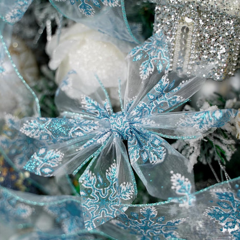 HUIHUANG Snowflake Glitter Wired Ribbon, Blue and White Snowflake Ribbon for Christmas Tree, 2-1/2" x 25 Yards Christmas Ribbon for Tree, Bows Mak...
