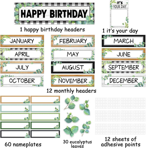 116Pcs Eucalyptus Birthday Bulletin Board Set Classroom Happy Birthday Chart Cutouts Name Plates Decorations for Calendars Bulletin Boards Wall Pr...
