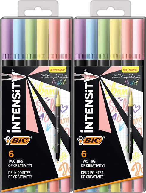 BIC Intensity 12-Pack Dual-Tip Coloring Felt Pens with 0.7mm Fine Tip and Flexible Brush in Pastel Tones...