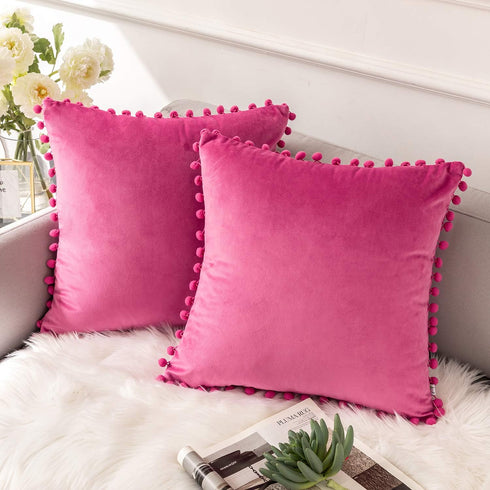 Ashler Throw Pillow Cases with Soft Pom Poms Velvet Plush Vibrant Elegant Cushion Covers, Pack of 2, Pink 20 x 20 inches 50 x 50 cm...