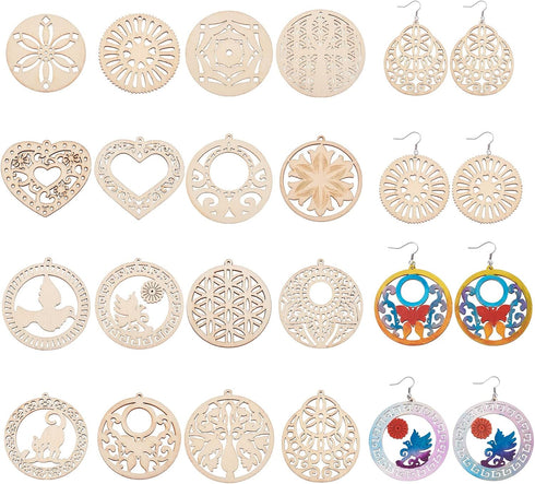Beadthoven DIY Wood Dangle Earring Making Kit 13 Styles Hollow Filigree Unfinished Wood Pendants Bohemian Earrings Wooden Charms with Earring Hook...