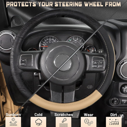 SEG Direct Car Steering Wheel Cover for F-150 Tundra Range Rover 15.5-16 inch, Black and Beige Microfiber Leather...