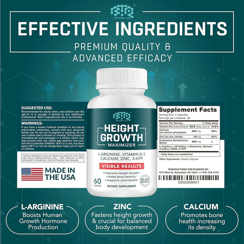 Height Growth Maximizer, Calcium, Vitamin D3 and Zinc Blend Pills, Bone Growth Supplement for Kids and Teens, Bone Strength, Density Support, GMO-...