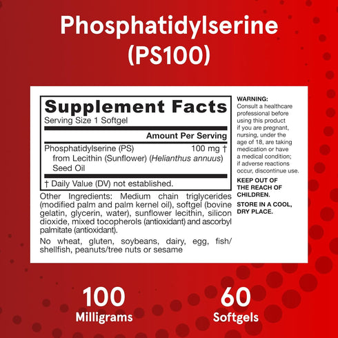 Jarrow Formulas 100 mg Phosphatidylserine (PS 100), Supports Brain Health, Soy Free, White, 60 Count...
