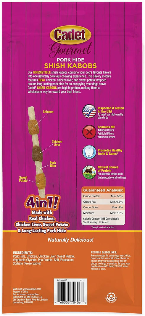 Cadet Gourmet Shish Kabob Dog Treats for Large Dogs, Healthy & Natural Chicken & Sweet Potato Chew Sticks, Pork Hide, Extra Large 10 Inch, 4 Count...
