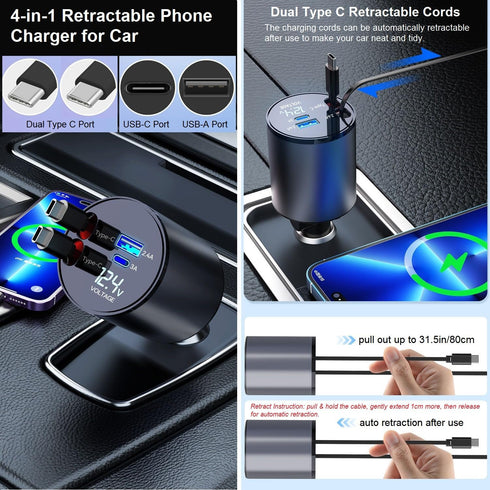 Retractable Car Charger - 4-in-1 Fast Car Phone Charger 120W Cigarette Lighter Dual USB C Car Charger Adapter for iPhone 15 14 13 12 Pro Max iPad ...