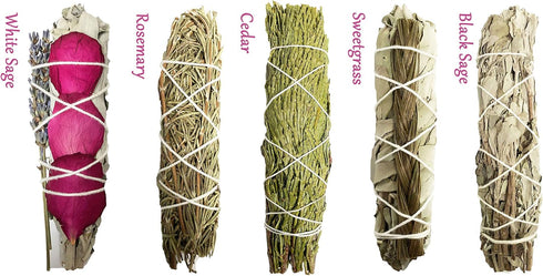 Smudge Sticks Sampler - 1 White Sage with Rose and Lavender, 1 Rosemary, 1 Cedar, 1 Sweetgrass White Sage and 1 Black Sage...
