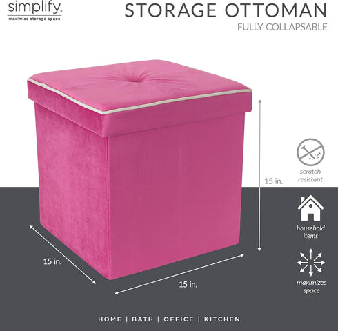 Simplify Velvet White Piping Folding Storage Ottoman, Toy Box Chest, Tufted Padded Seating, Bench, Foot Rest, Stool, Single, Pink...