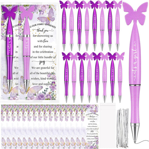 36 Set Baby Shower Favors Butterfly Pens Bulk with It's a Girl Purple and Pink Ballpoint Pens Thank You Cards OPP Bags Cable Ties Return Gifts for...