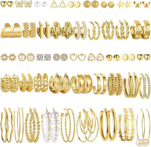 FAXHION 36 Pairs Gold Hoop Earrings Set for Women, Fashion Chunky Gold Hoop Earrings Multipack, Hypoallergenic Pearl Chain Twisted Statement Earri...