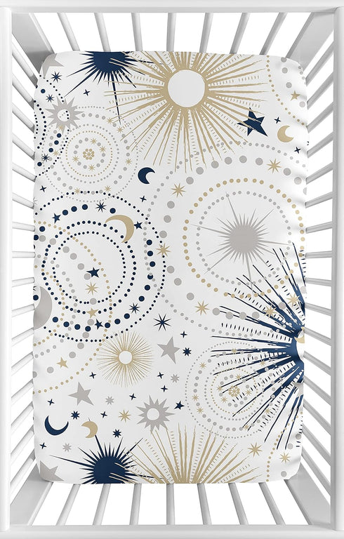 Sweet Jojo Designs Star and Moon Boy or Girl Fitted Mini Crib Sheet Baby Nursery for Portable Crib or Pack and Play - Navy Blue, Gold, and Grey Ce...