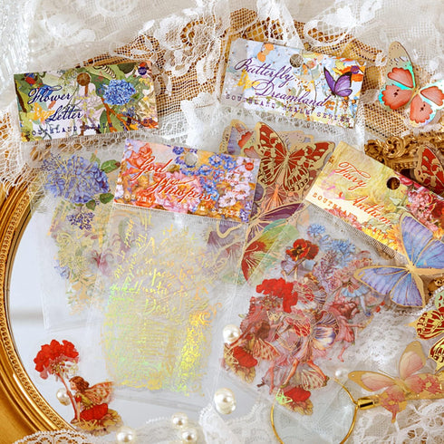 Aromoty Fairy Gold foil Holographic Stickers Set 120Pcs 4 Themes Resin Transparent Butterfly Flowers Floral Sticker Aesthetics Journaling Stickers...