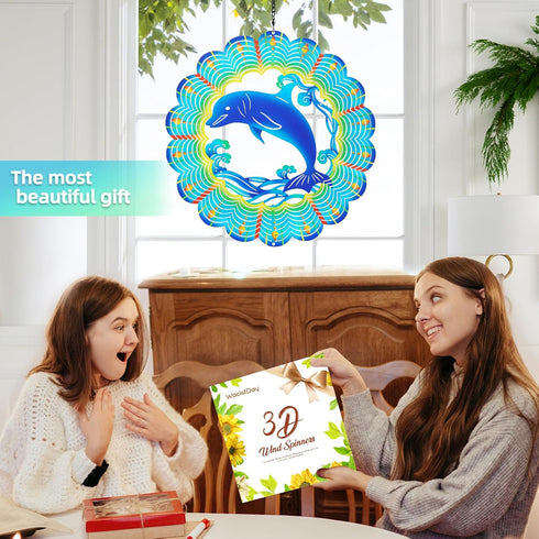 Wind Spinners Dolphint Gifts for Men Women-12 Inch 3D Stainless Hanging Garden Decor Metal Wind Sculptures for Spinner Sea Wave Outside Garden Win...