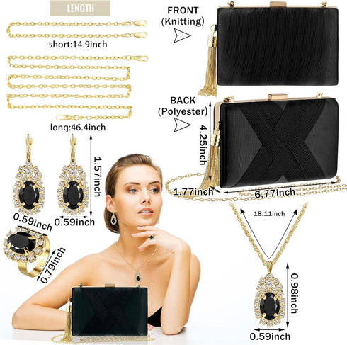 Quelay 4 Pcs Women Satin Clutch Purse Handbag Evening Bag for Wedding Banquet Handbag Vintage Necklace Earrings Jewelry Set...