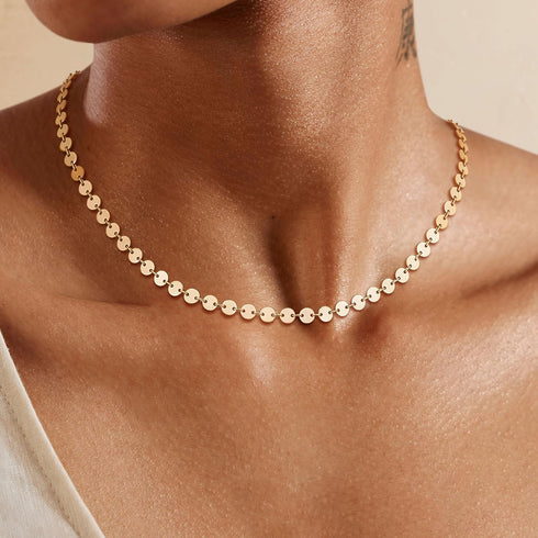 Dremmy Studios Dainty Gold Choker Necklace for Women 14K Gold Plated Coin Disc Figaro Layered Beaded Flat Mariner Sideways Cross Wishbone Link Cla...