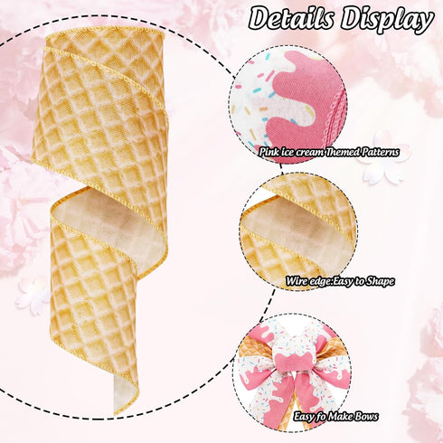 Ice Cream Cone Wired Edge Ribbon Pink Sprinkles Craft Fabric Ribbon for Summer Wreath Bow DIY Wrapping Party Decor, 2 Rolls, 20 Yard...