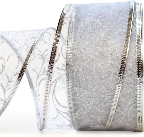 Wire Edged Ribbon Silver Sheer Organza Gift Wrap Ribbon 50 yards x 2.5 inch Wide Clearance Metallic Wired Trim & Glitter Decorative White 1 Roll L...