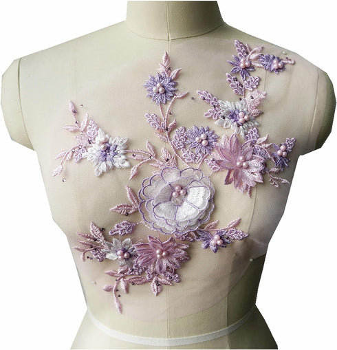 Lace Fabric 3D Flowers Appliques Beads Rhinestones Embroidery Sew Patch for DIY Wedding Decoration Dress (Pink+Purple)...